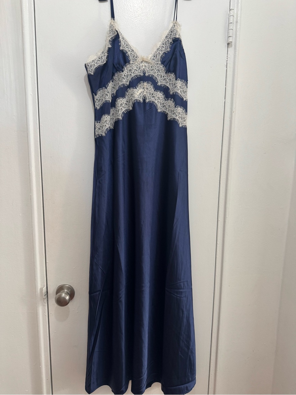 Navy Blue lace trim spaghetti strap
Maxi Slip Dress size L